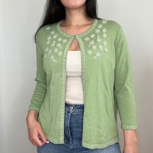 Amanda Smith Green Beaded Floral Embroidered Cardigan XL